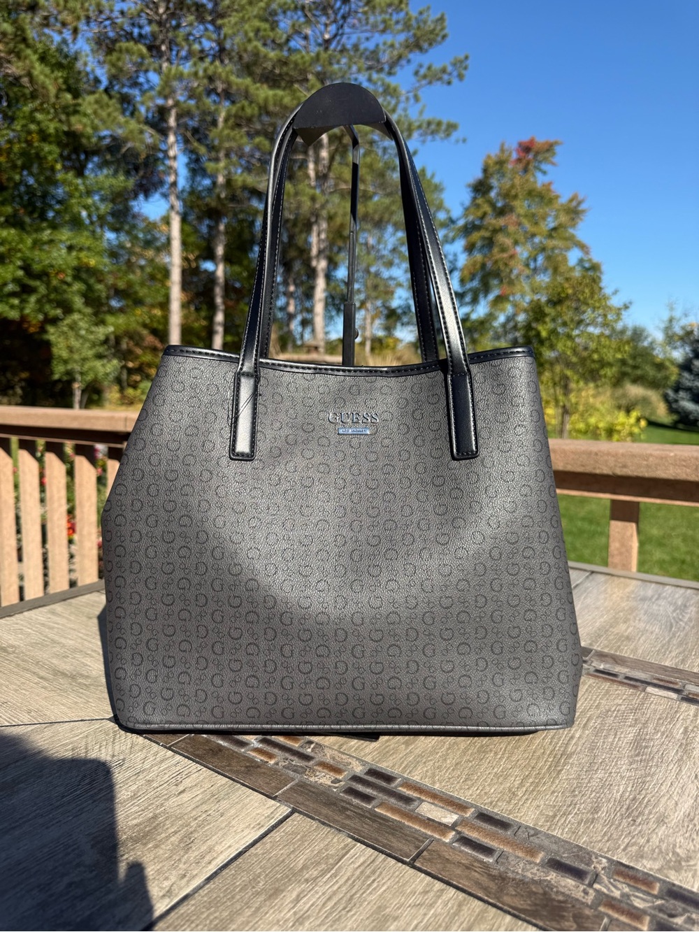 NWT GUESS Gray Monogram Tote with Black Handles